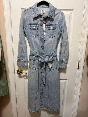Zara Light Blue Denim Button-Front Midi Dress with Tie Waist